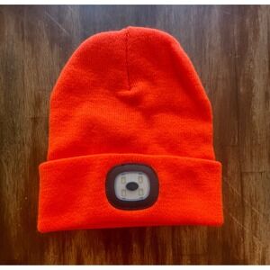 Neon Orange LED Beanie Hat Rechargeable Headlamp 3 Modes Hunting Safety Running